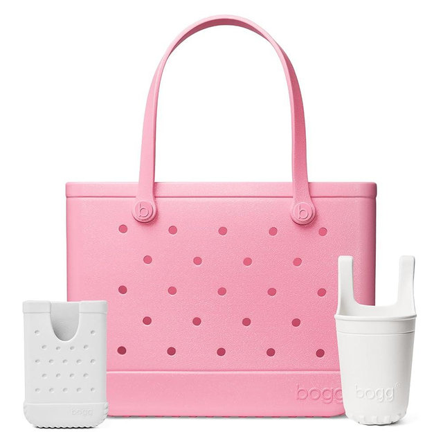 BOGG BAG Original, Large Tote (Bubble Gum Shimmer) + Bevy Beverage Holder & Call Me Phone Holder (For Shore White) – Durable, Washable, Tip-proof – Beach, Pool, Boat, Work, Sports