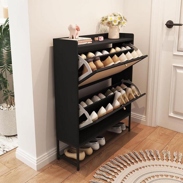AVZEAR Shoe Cabinet, Shoe Cabinet Freestanding Tipping Bucket Shoe Rack Organizer with 2 Flip Drawers, Modern Entryway Narrow Shoe Rack for Entryway, Hallway, Bedroom (Black)