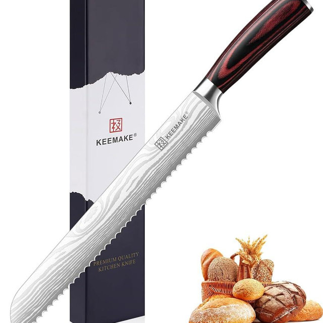 Serrated Bread Knife, KEEMAKE10 inch Ultra Sharp Serrated Bread Slicer for Homemade Bread Cake Bagels Cutting Less Crumbs - High Carbon Stainless Steel Cake Slicer with Ergonomic Wood Handle, Gift Box