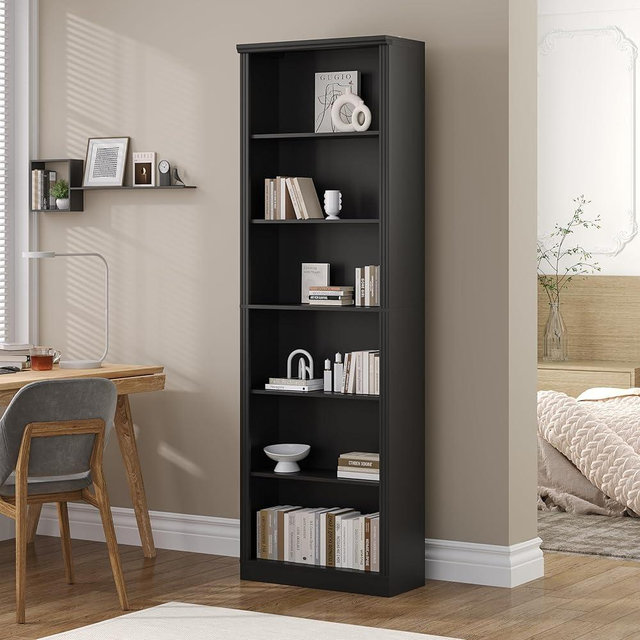 Wodeer Tall Bookshelf, 6-Tier Bookcase with 2 Adjustable Shelves, Modern Farmhouse Storage for Living Room, Entryway, Office, 23.6" W x 74.8" H x 10.6" D, Black