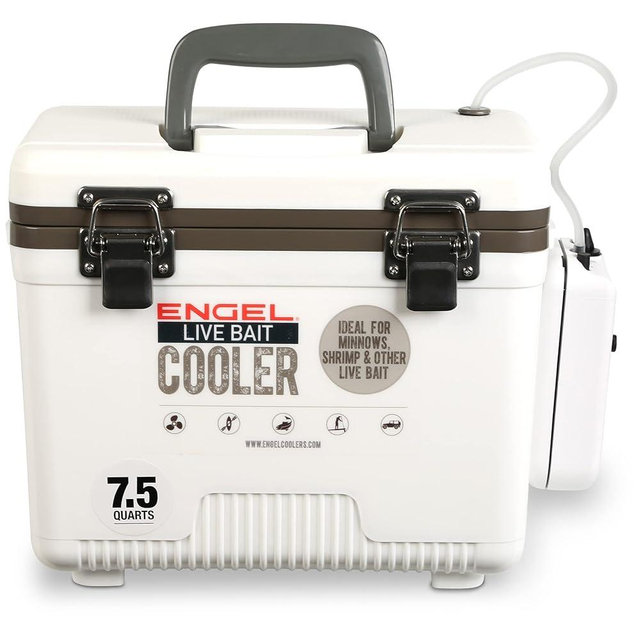 Engel Live Bait Cooler Box with 2nd Gen 2-Speed Aerator Pump - Portable Fishing Station & Minnow Bucket for Shrimp & Other Live Fish with Aerator - ENGLBC-N