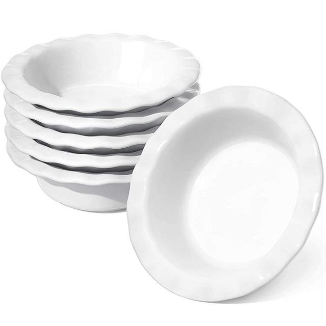LE TAUCI Mini Pie Pans, 6.5 Inch Pie Plate Ceramic, 12 Ounce Pie Dish Ramekins, Individual Chicken Pot Pie, Ruffled Edge Bowls, Set of 6, White