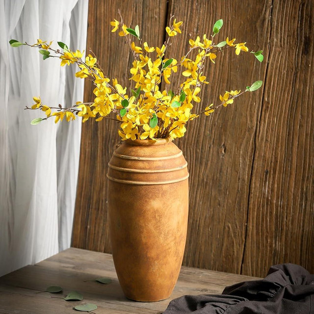 Lyeec Large Ceramic Rustic Vase, 12.87 inch Terracotta Vase, Vintage Farmhouse Flower Pottery Vase for Home Decor, Living Room Shelf Decor,Enterway, Table Decoration(Brownish Yellow)