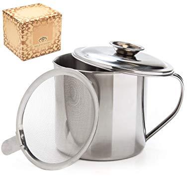 Aulett Home Bacon Grease Container With Strainer - Best For Storing Fats for Keto and Paleo, Cooking Oil and Drippings - 1.25 Quart Or 5 Cups Stainless Steel Grease Keeper