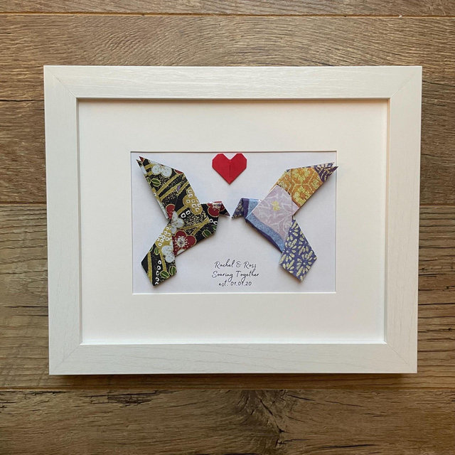 Personalized Origami Lovebirds. First Anniversary Gift Paper Theme. Gift for Couples. White Framed Lovebirds Origami Art 8x10