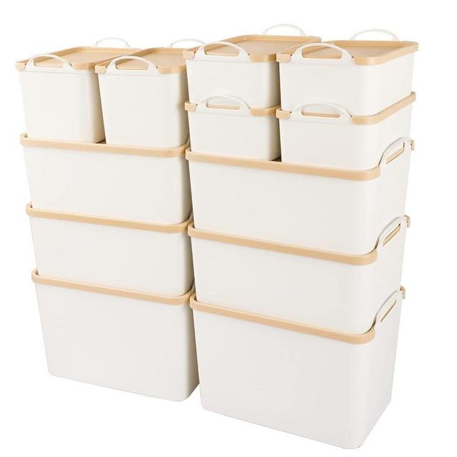 ANMINY 12PCS All-in-One Lidded Plastic Storage Bins Set White Desk Basket Box Drawer Organizer Kitchen Container with Handles Removable Lids Decorative Clothes Laundry Closet Cabinet Shelf Cube