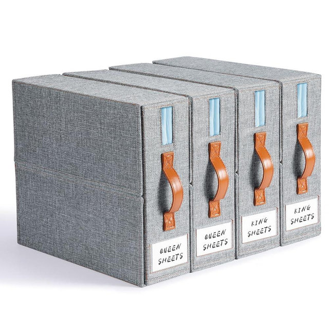 LAMU 4 Pack Bed Sheet Organizers and Storage, Foldable Sheet Organizer for Linen Closet, Sheets Set Folder Keeper with Window XL (Queen & King Size) Organizing Bedding Container, Grey