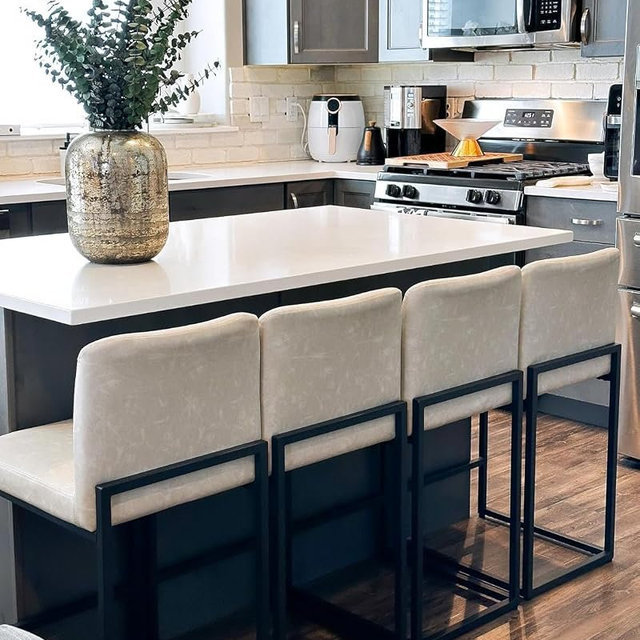 PHI VILLA Light Grey Bar Stools Set of 4, Counter Height Bar Stool Faux Leather Kitchen Bar Chairs, 24 inch Barstools with Back