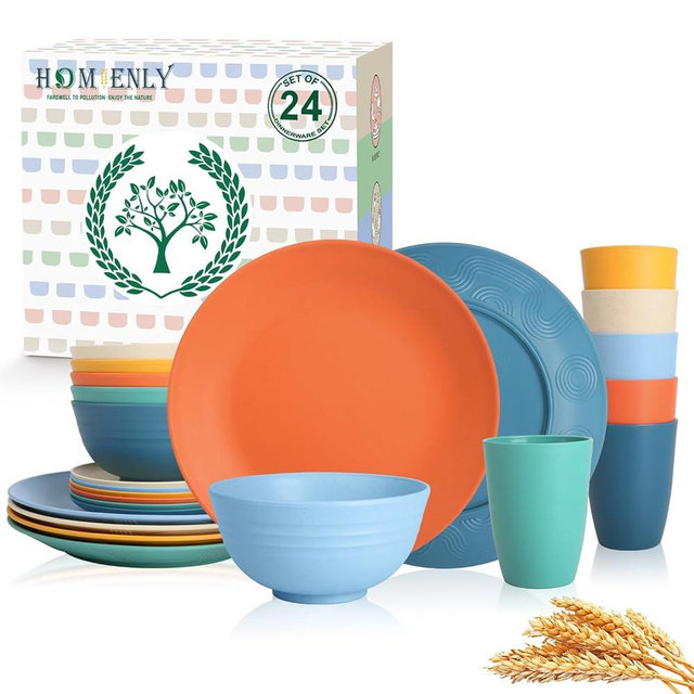 Homienly Unbreakable Wheat Straw Dinnerware Set - Plastic Plates and Bowls Sets Alternative, 24-Piece Dishes Set for Apartment, RV, Party, Microwave and Dishwasher Safe Plates, Bowls, Cups(Multi)