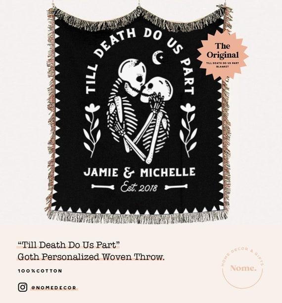 Custom Woven Throw - Halloween Skeletons Wedding Personalized Blanket - Gothic Cotton Anniversary Gift - Till Death Do Us Part
