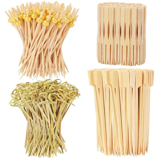 500PCS Cocktail Picks Kit, 4 Styles Fancy Toothpicks for Appetizers, 3 Sizes Long Bamboo Skewers, Decorative Wooden Cocktail Sticks for Party Supplies Food Drinks Fruit Charcuterie Boards Accessories