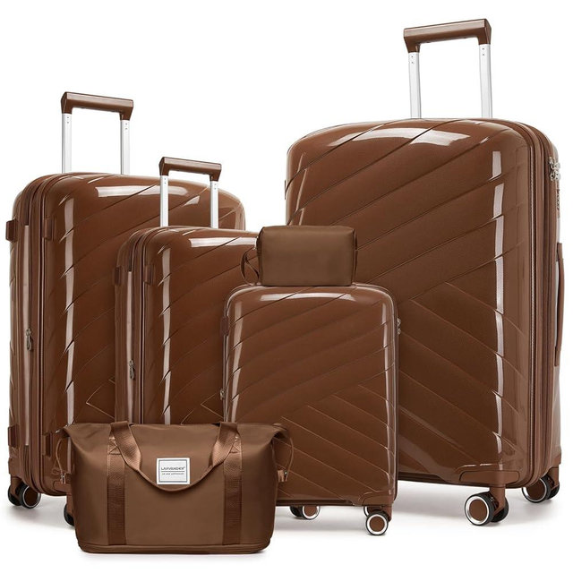 TRIPLAYER 6 Piece Luggage Set Carry on Suitcase with Spinner Wheels, Expandable Hardshell Luggage PP Lightweight Suitcase Set for Women(32/28/24/20in Mocha)
