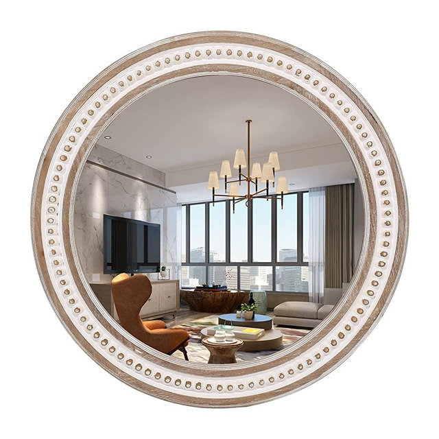 Decointo 24" Round Decorative Wall Hanging Mirror,Rustic Distressed Natural Wooden Farmhouse Frame with White Wash Beads for Bedroom, Bathroom,Living Room or Entryway Wall Decor Circle Mirror