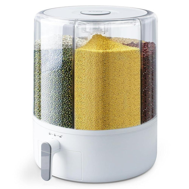 Slow Slog Grain and Rice Storage Container, 6 Grid Grain Dispenser, 360° Rotating 25lb Large Food Dispenser, Rice Dispenser Upgrade 6 Compartment Rotating, Airtight Storage White