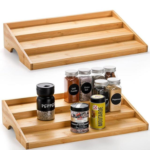 Hacaroa 2 Pack Bamboo Spice Rack for Cabinet, 3 Tier Ladder Seasoning Organizer Pantry Step Shelf, Compact Storage Caddy for Spice Jars, Cans, Kitchen Countertop, Cupboard, Space Saver