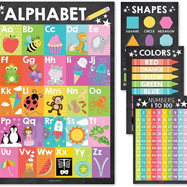 4 Colorful Pre K & Kindergarten Homeschool Supplies - ABC Chart For Wall For Toddlers, Number Chart 1-100 For Kids For Wall, Color Posters For Classroom Posters Preschool, Preschool Learning Posters