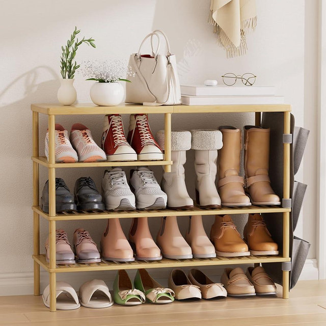 CozyBath Bamboo Shoe Rack, 4 Tiers Shoe Organizer for Closet, Shoes Storage for 20-24 Pairs, Freestanding Shoe Shelf with Removable Pocket for Entryway Bedroom Front Door Dorm