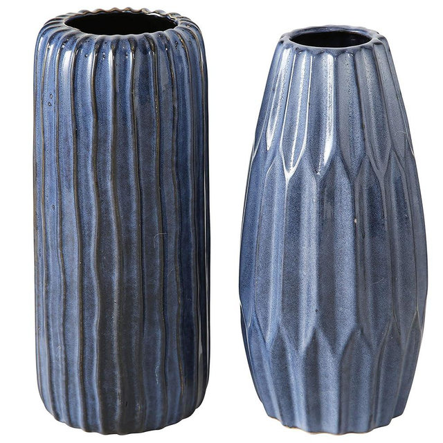 Iconic Scandi Ripple Vases, Set of 2, Blue Indigo, Artisan Crafted, Hand Glazed, Porcelain, Crinkle Pleat Surface, Rustic Modern Style, Each 4 Diameter x 9.5 in