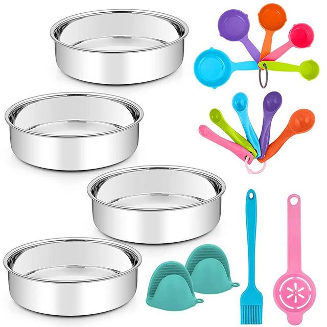 TeamFar 6 Inch Cake Pan, 4 Pcs Stainless Steel Round Cake Pan, Baking Pans Round with Silicone Brush & Measuring Cups and Spoons & Egg Separator & Silicone Mitts, Healthy & Easy Clean