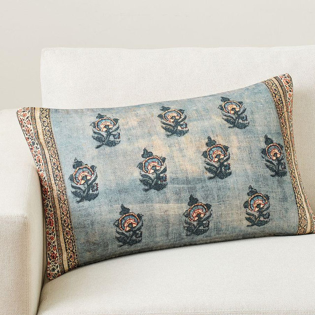Dara Floral Printed Lumbar Pillow Cover, Blue Multi, 16" x 26"