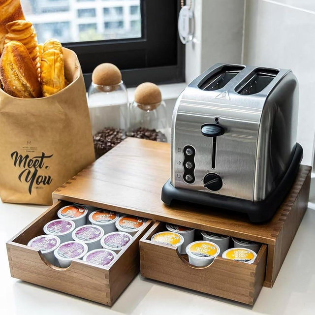 Coffee Bar Organizer, Black Coffee Organizer with Coffee Pod Drawer Holder K cup Organizer, Coffee Machine Stand Coffee Bar Accessories Organizer, Wooden Kitchen Counter Organizer (Walnut)