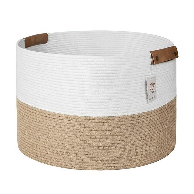 RUNKA Extra Large Basket 22" x 14", Soft Woven Storage Basket with Leather Handles,Big Basket and Organizer for Laundry, Toys, Books and Baby Blankets
