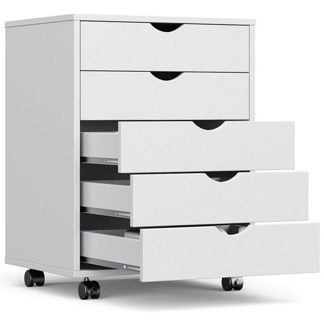 OLIXIS 5 Drawer Mobile File Cabinet Under Desk Storage Organization with Wheels Vertical Filing Chest Rolling Wood Small Desk Printer Stand for Home Office, 15.75"D x 18.74"W x 25.39"H, White