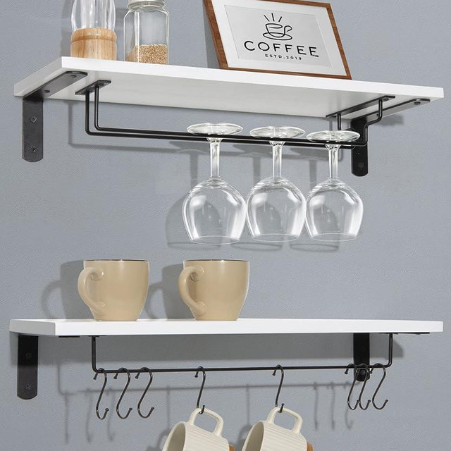 Afuly Coffee Bar Shelf, 20in Wall Mounted Shelves for Coffee Cups Mugs Wine Glass, Floating Shelves for Coffee Station with 8 Hooks, Coffee Cup Shelf Wall Holder, Set of 2