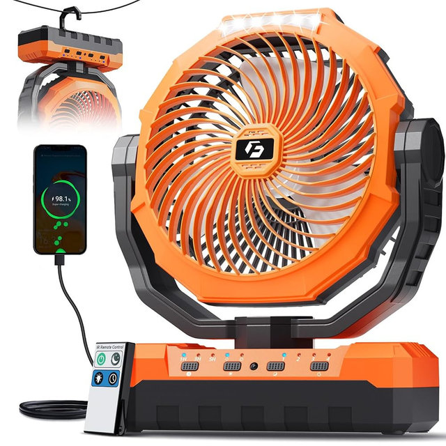 FRIZCOL 3-in-1 Camping Fan - Portable Fans Rechargeable - 24000mAh Battery Powered Fan with Light & Remote for Indoor, Outdoor, Tent, Travel, Fishing, Jobsite, Gifts for Men Dad Him - Orange