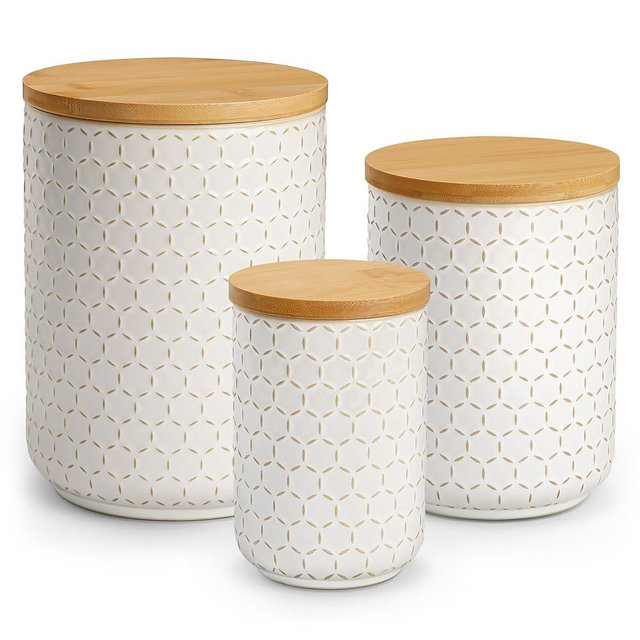 MALACASA Ceramic Canisters Set with Airtight Lids, 80/40/20 oz Coffee Canisters Sets for the Kitchen, Large Jars for Flour, Sugar, Pasta, Coffee, Cookies, Tea - Set of 3, Hexagon