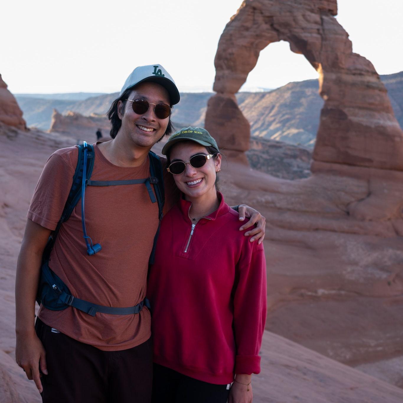 Bryce and Sarah completing the Delicate Arch hike in Arches National Park, Utah.