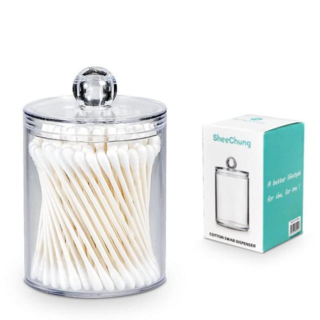 SheeChung Qtip Dispenser Apothecary Jars - Qtip Holder Bathroom Storage Canister Clear Plastic Acrylic Jar for Cotton Ball,Cotton Swab,Q-Tips,Cotton Rounds,Small,10OZ