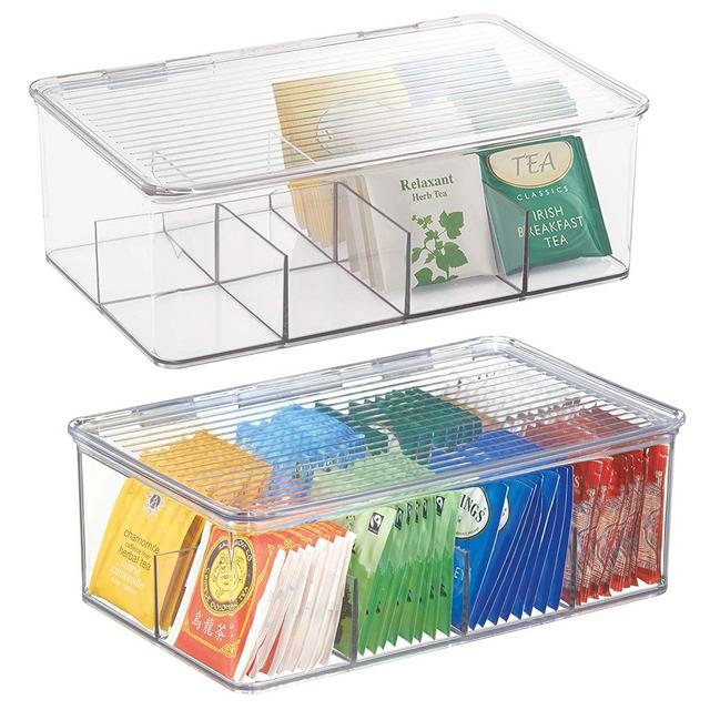 mDesign Stackable Plastic Tea Bag Organizer Storage Bin Box for Kitchen Cabinets, Countertops, Pantry - Hinged Lid - BPA Free, Food Safe - Holds Beverage Bags, Cups, Pods, Packets - 2 Pack - Clear
