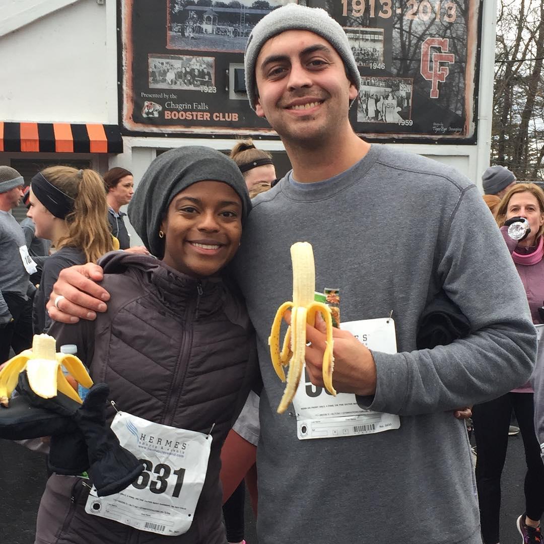 After our first race together, pounding some bananas to refuel!
