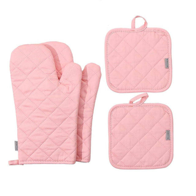 Oven Mitts and Pot Holders 4 pcs Set,High Heat Resistant 500 Degree Extra Thicken Long Kitchen Cotton Oven Glove for Cooking (12 Inch,Pink)…