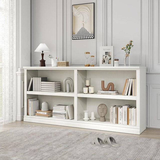 Bevfint Double Wide Open Shelf Bookcase - 2 Tiers 4 Storage Cube Adjustable Space Book Case, Display Cabinet Organizer with Bookshelf, 64.8 inch Width Indoor Furniture for Home Library Office, White