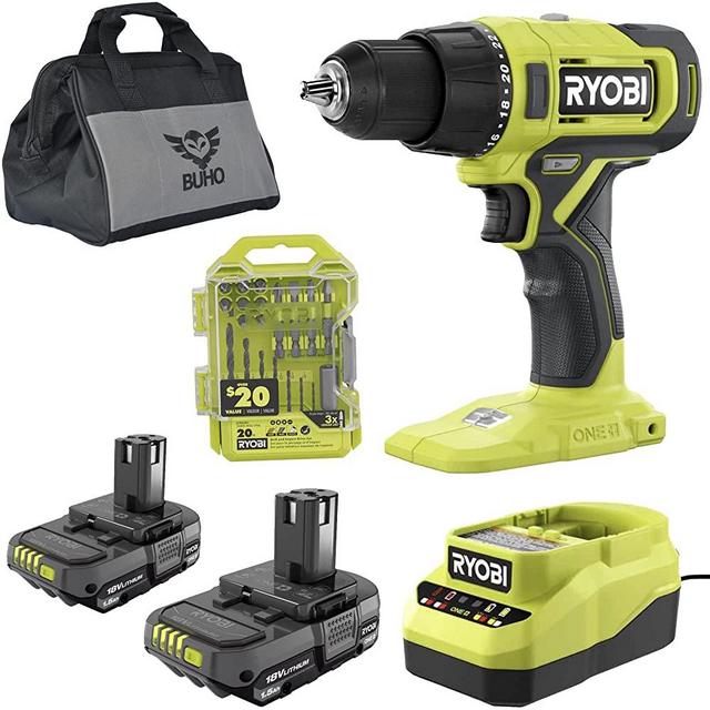 Ryobi Cordless 1/2 inch Drill Driver with (2) 18-Volt Batteries, Charger, 20 Piece Multipurpose Drill Bit Set and Buho Tool Bag