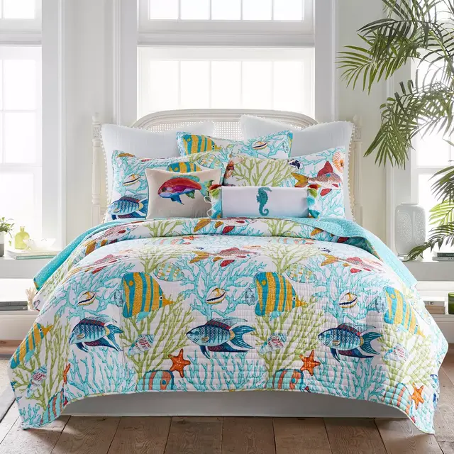Beachwalk Quilt Set - King Quilt and Two King Pillow Shams Teal, Green - Levtex Home