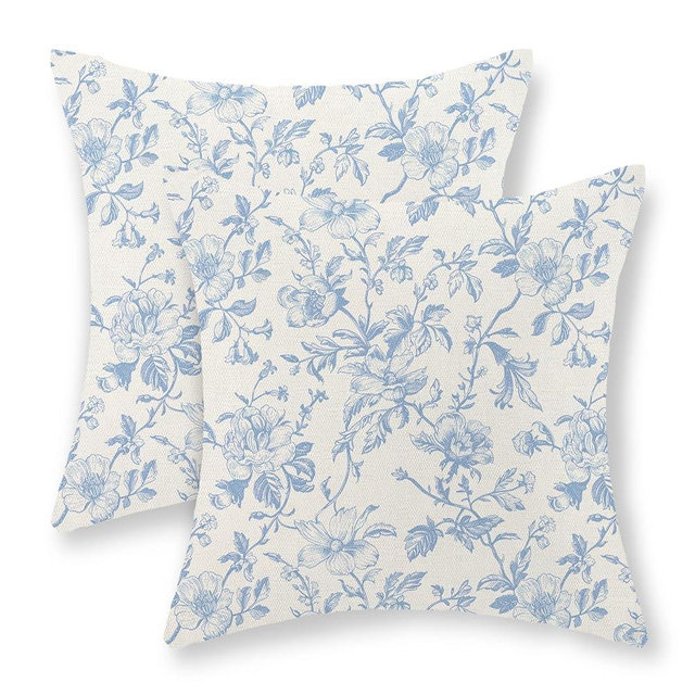 JEFERSO Baby Blue Floral Pillow Covers 18x18 Set of 2 Vintage Rustic Toile Chinoiserie Floral Throw Pillows Blue and Cream Flower Decorative Pillowcase Outdoor Decor Linen Cushion Case for Couch Sofa