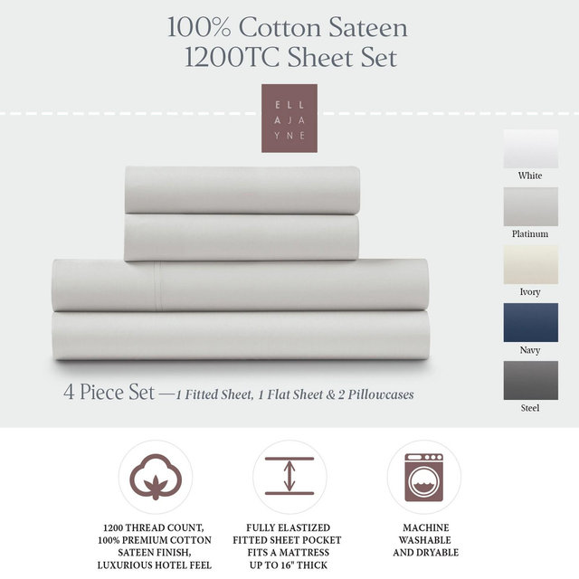 Ella Jayne 1200 Thread Count 100% Cotton Sateen Deep Pocket 4-piece Sheet Set - Queen, Platinum, 4 pc