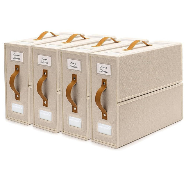 HappyHedz Sheet Organizers and Storage Bags for Bed Sheets, Linen, Blankets, Bedding - Under Bed or Closet Storage Boxes with Dual Handles and Organization Labels - (Beige, 4-pack)
