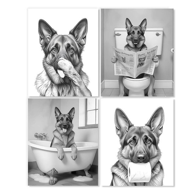 LUKIPOM Funny German Shepherd Bathroom Wall Art Prints 8x10 Set of 4, Funny German Shepherd Wall Art Posters for Washroom Restroom Decor, Dog Bathroom Decor, Unframed