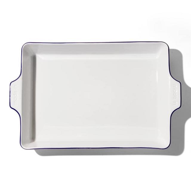 Made In Cookware - Rectangular Baking Dish - Navy Rim - Hand Crafted Porcelain - Professional Bakeware - Made in France