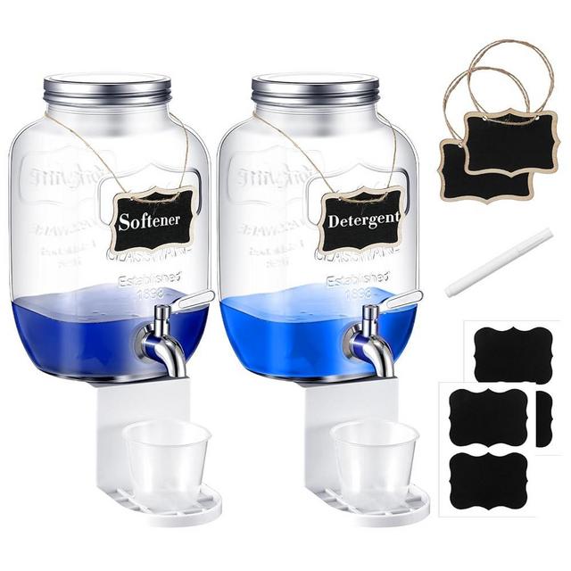 Maxcheck 2 Sets Laundry Detergent Dispenser, 2 Pack 1 Gallon Glass Mason Jar for Laundry Room Organization, with Labels Taps Measuring Cups Chalkboards Laundry Detergent Holder, 2 Pack