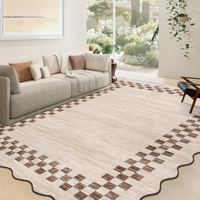 GarveeHome Scalloped Washable Rug 9x12 Area Rug for Living Room Modern Border Large Bedroom Throw Carpet with Rubber Backing Stain Resistant Boho Rug for Dining Room Home Decor Office, Beige