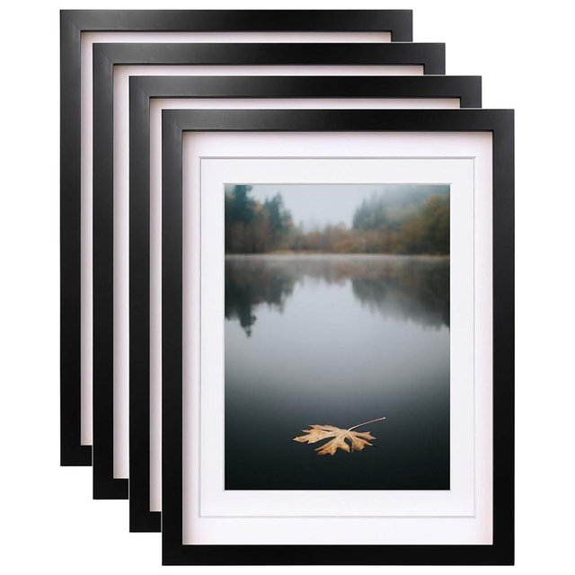 Egofine 12x16 Picture Frames Black Set of 4 Made of Solid Wood Covered by Plexiglass Matted for 9x12/11x14 or 12x16 without Mat for Table Top and Wall Mounting