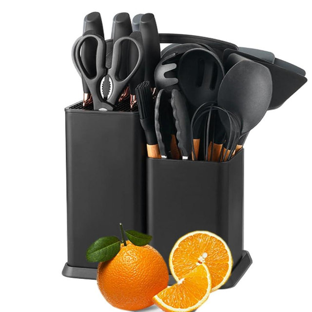 19 Pieces Kitchen Utensil and Knife Set with Storage, with 11 Piece Silicone Cooking Utensils Set 5 ieces Sharp Stainless Steel Chef Knives Scissors Whisk Tongs and Cutting Board, Black