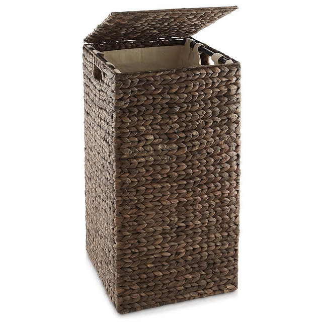 Casafield Laundry Hamper with Lid and Removable Liner Bag - Espresso, Woven Water Hyacinth Square Laundry Basket Sorter for Clothes and Towels