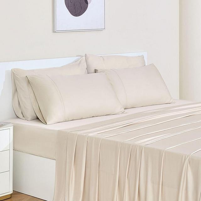GOKOTTA King Size Bed Sheets 6 Piece Set, Ultra Soft Sheets, Cooling for Hot Sleepers - Hotel Luxury Silky Breathable Sheets, Deep Pocket Up to 16" - 100% Rayon Derived from Bamboo (Light Beige)