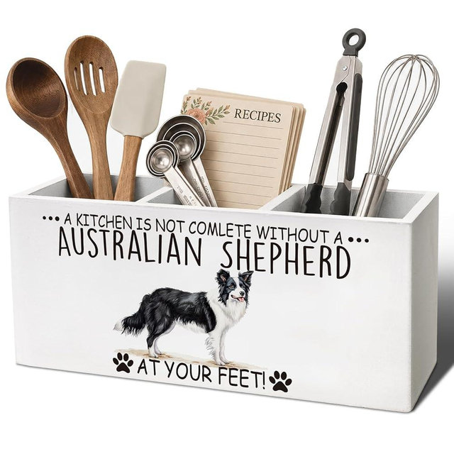 ELMCH Australian Shepherd Wooden Pen Pencil Holder Gifts for Women, Personalized Dog kitchen utensil holder Gifts, New Home for Home Kitchen Office Library Desk Accessories,